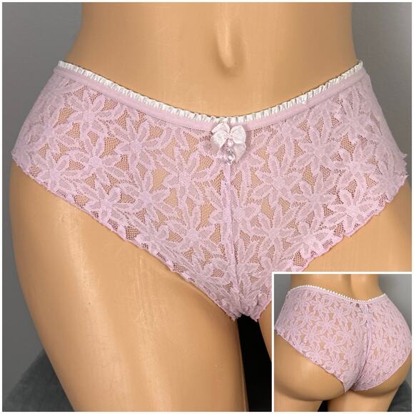 Vintage Lace See Thru Boyleg Boy Shorts Fruit of Loom Pink Sissy Lacy Panties 5 - Picture 1 of 9